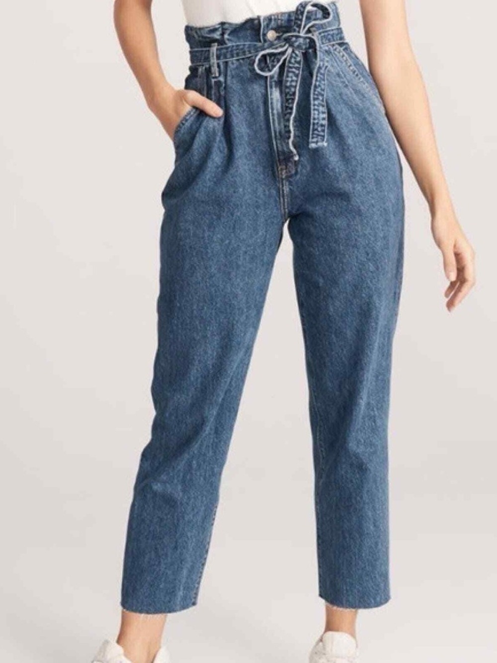 Abercrombie & Fitch Paperbag Waist Cropped Jeans in Mid Blue